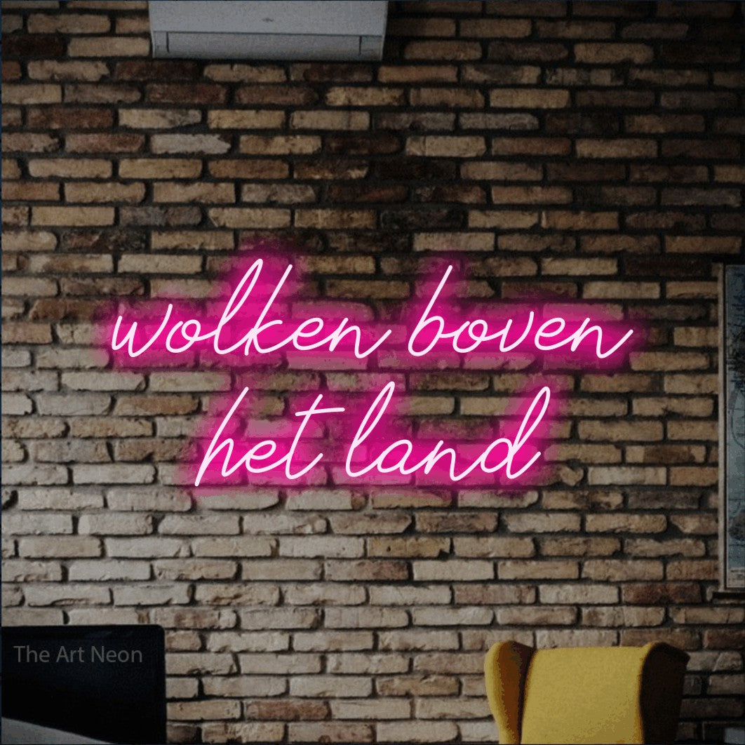 LED neon sign reading “wolken boven het land”, arranged in 2 lines.