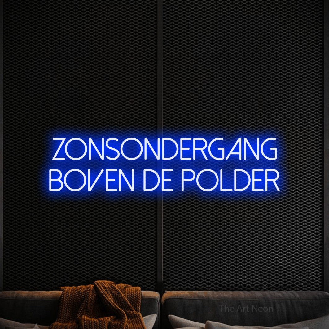 LED neon sign reading “Zonsondergang Boven De Polder”, arranged in 2 lines.