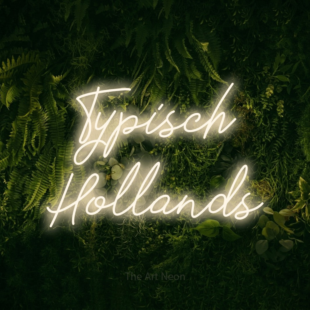 LED neon sign reading “Typisch Hollands”, arranged in 2 lines.