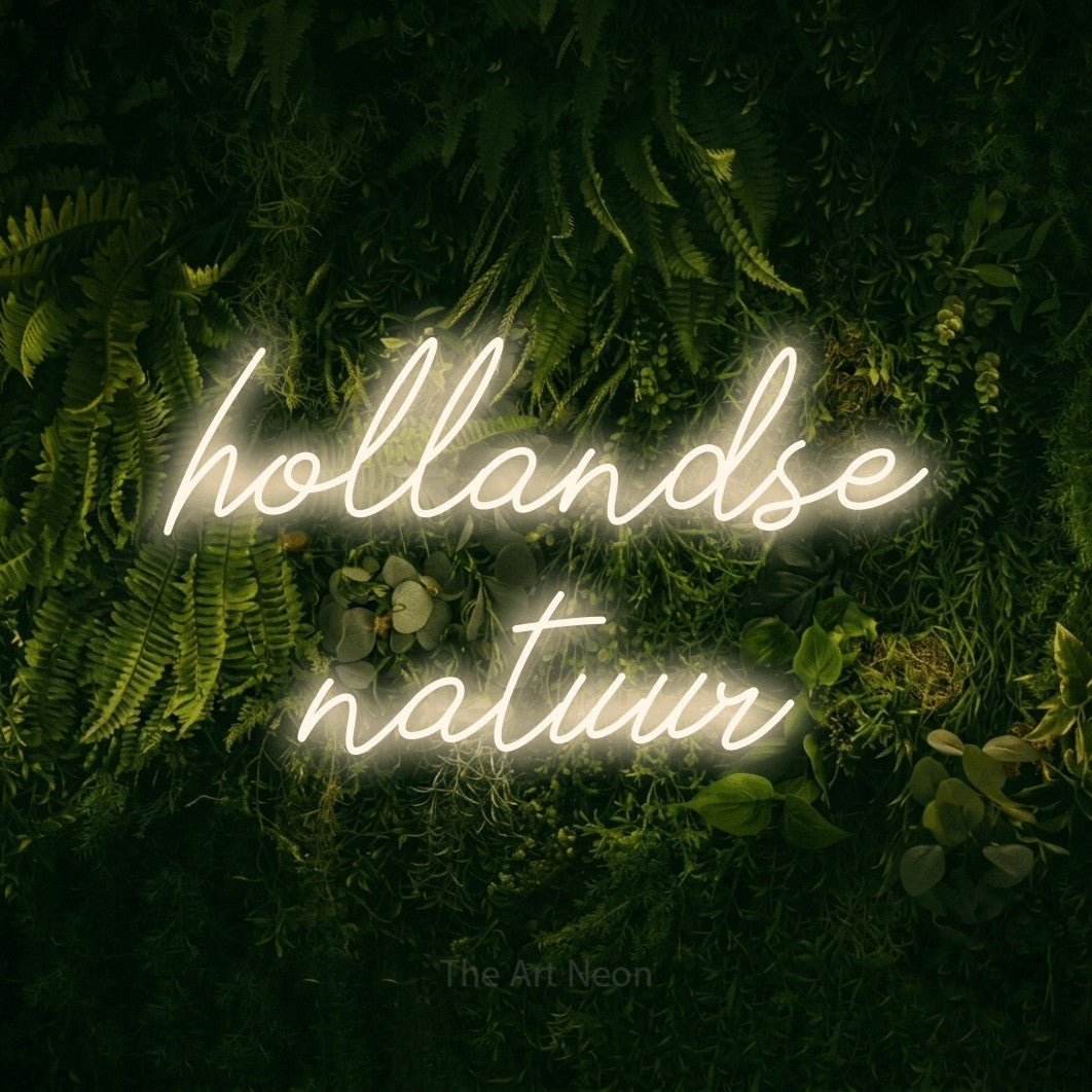 LED neon sign reading “hollandse natuur”, arranged in 2 lines.