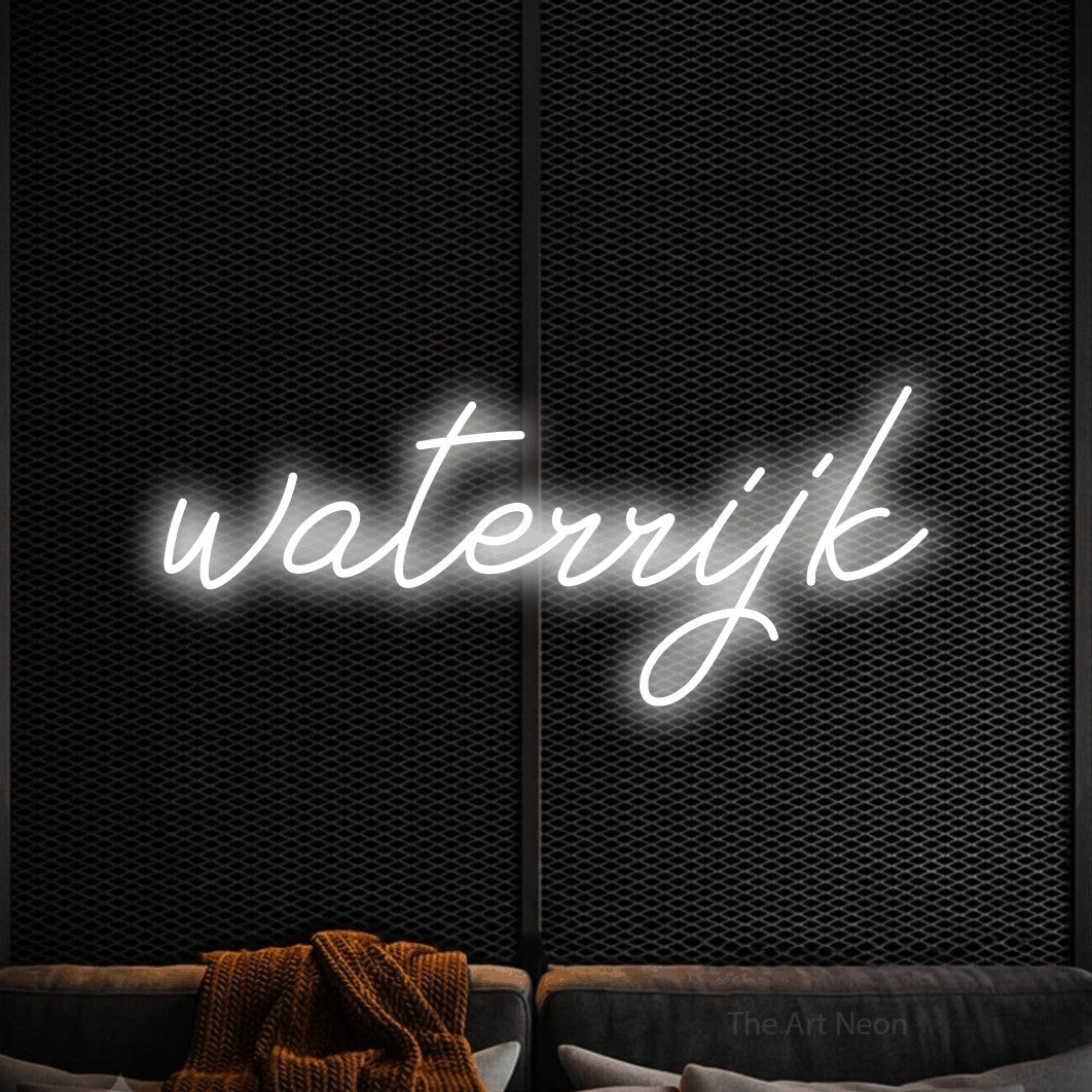 LED neon sign reading “waterrijk”, arranged in a single line.