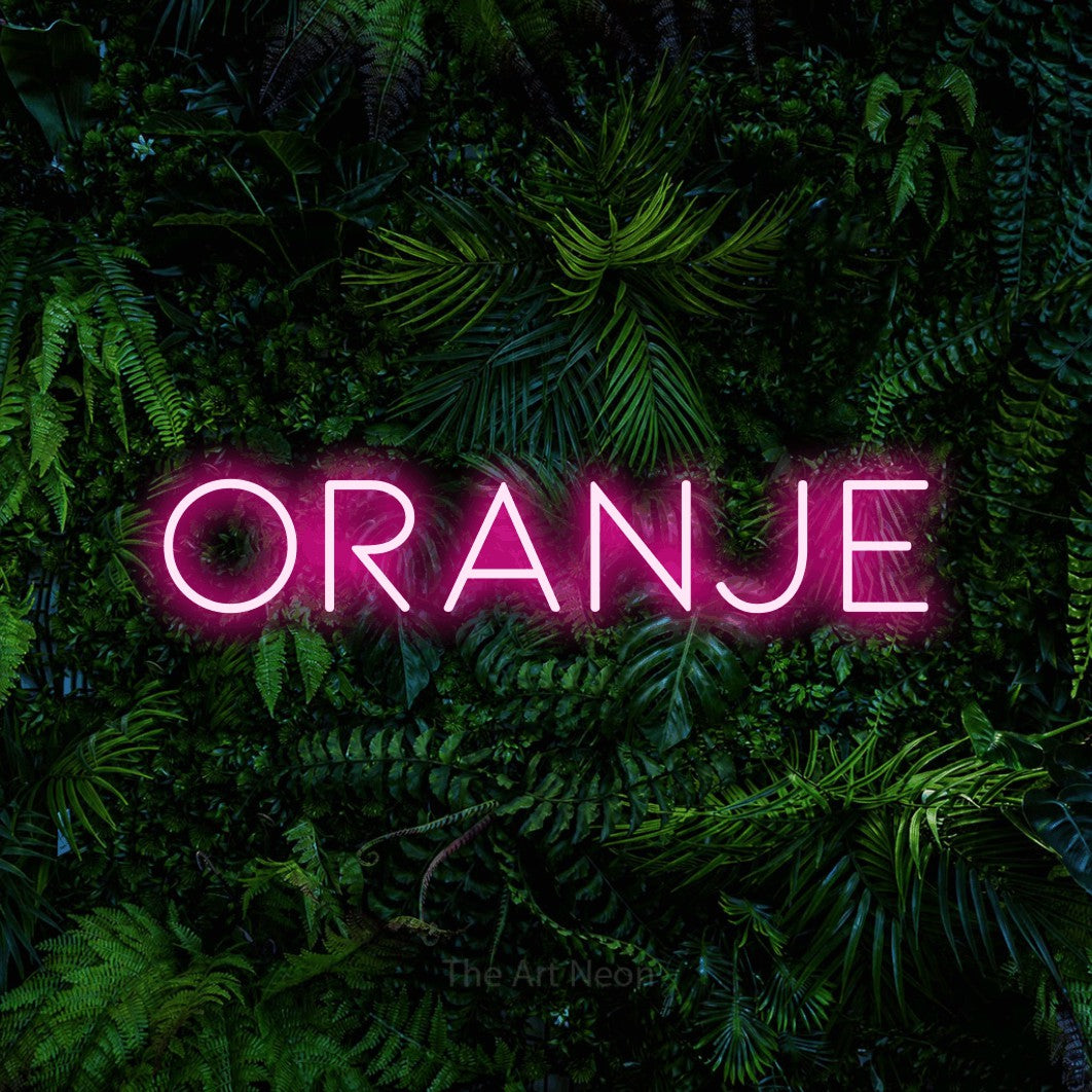 LED neon sign reading “ORANJE”, arranged in a single line.