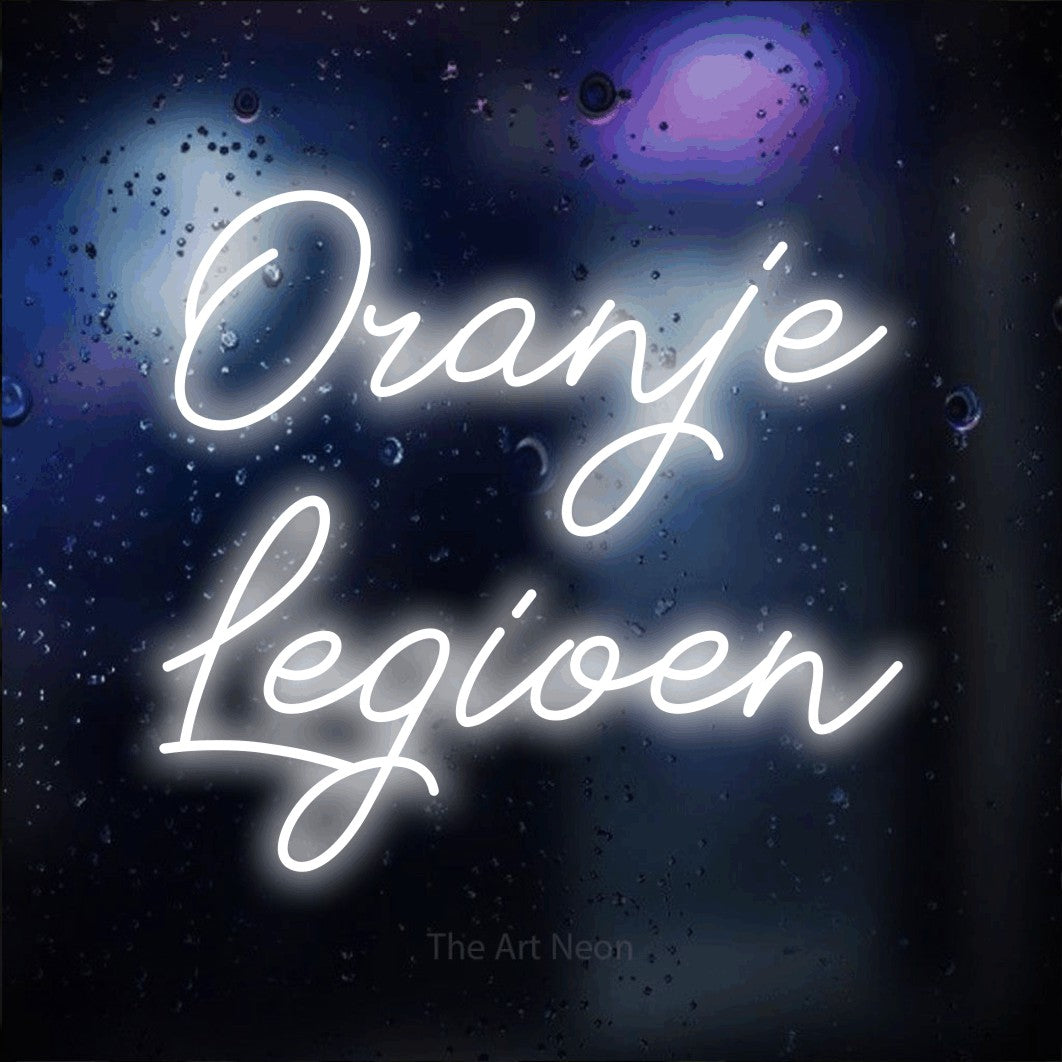 LED neon sign reading “Oranje Legioen”, arranged in 2 lines.