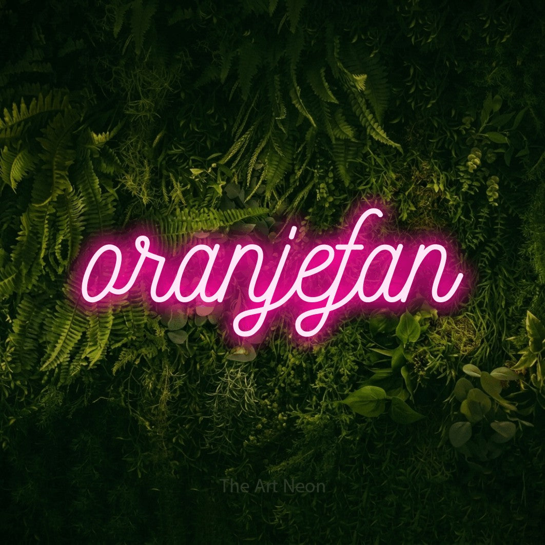 LED neon sign reading “oranjefan”, arranged in a single line.
