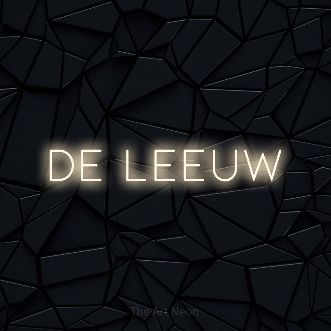 LED neon sign reading “De Leeuw”, arranged in a single line.