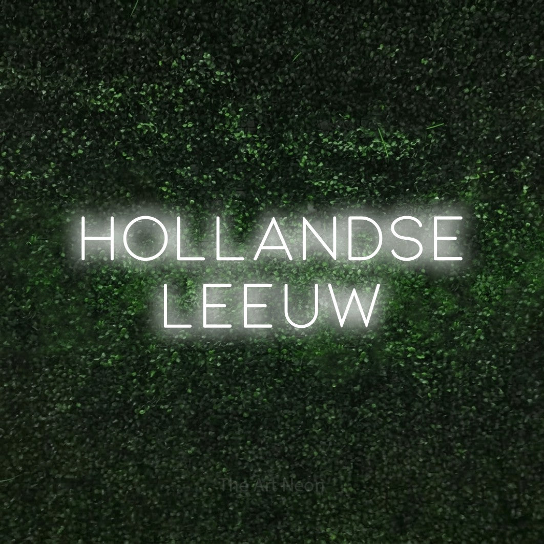 LED neon sign reading “hollandse leeuw”, arranged in 2 lines.