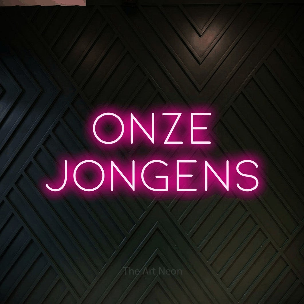 LED neon sign reading “onze jongens”, arranged in 2 lines.