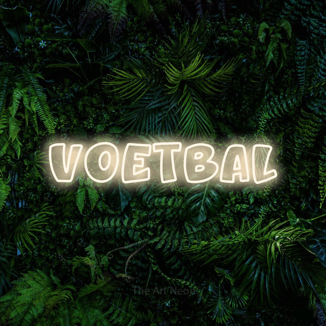 LED neon sign reading “voetbal”, arranged in a single line.