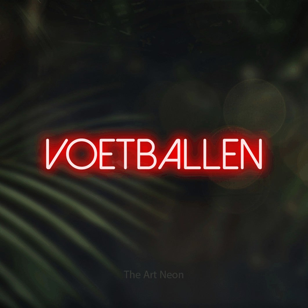 LED neon sign reading “VOETBALLEN”, arranged in a single line.