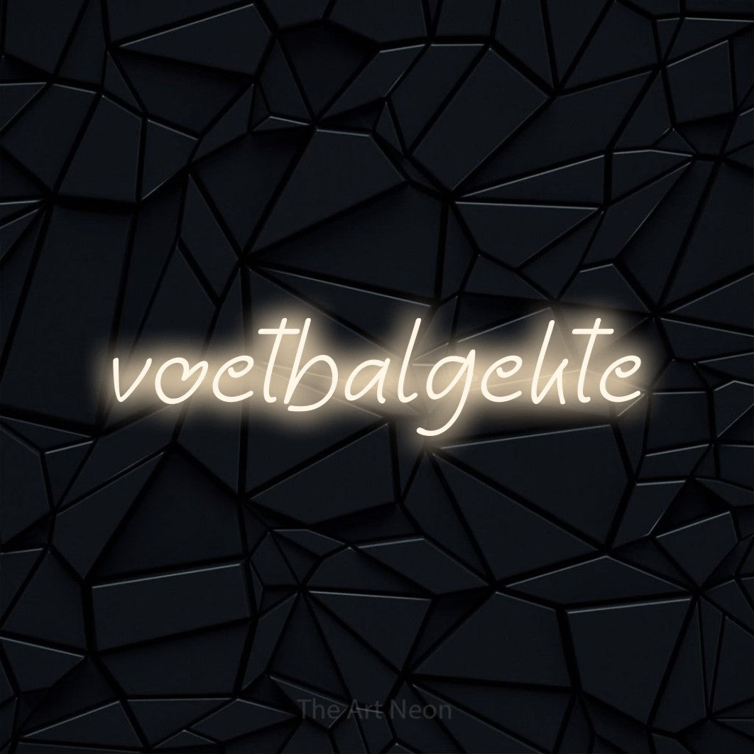 LED neon sign reading “voetbalgekte”, arranged in a single line.
