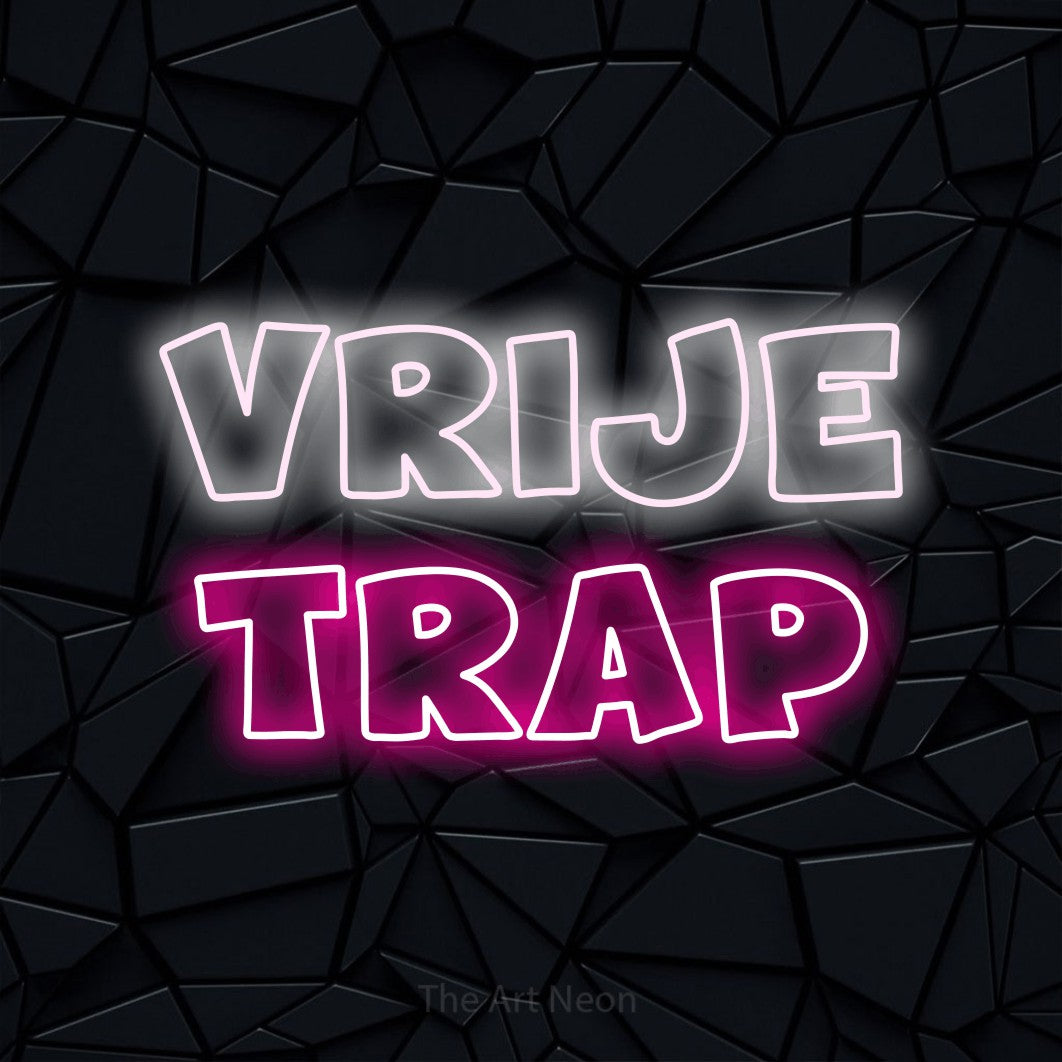 LED neon sign reading “vrije trap”, arranged in 2 lines.
