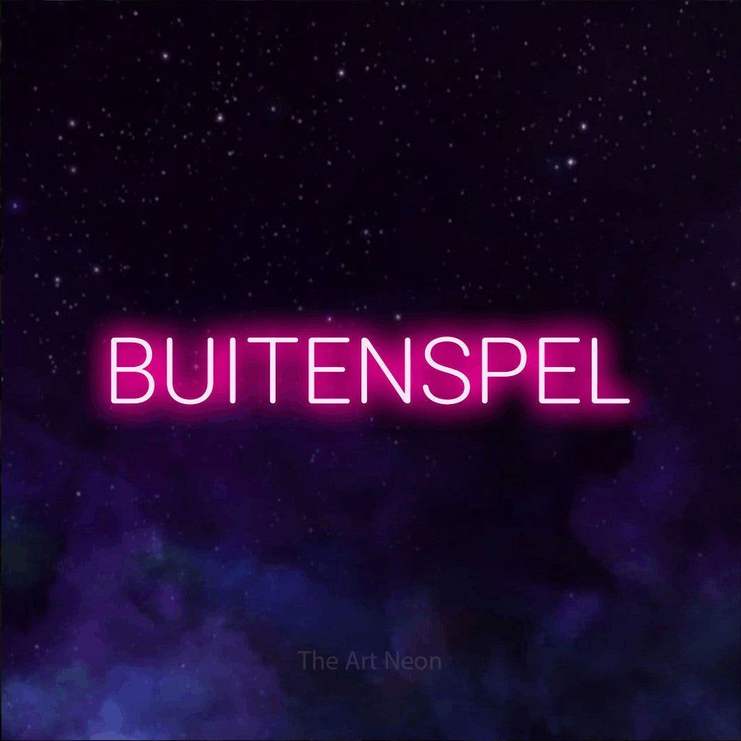 LED neon sign reading “BUITENSPEL”, arranged in a single line.