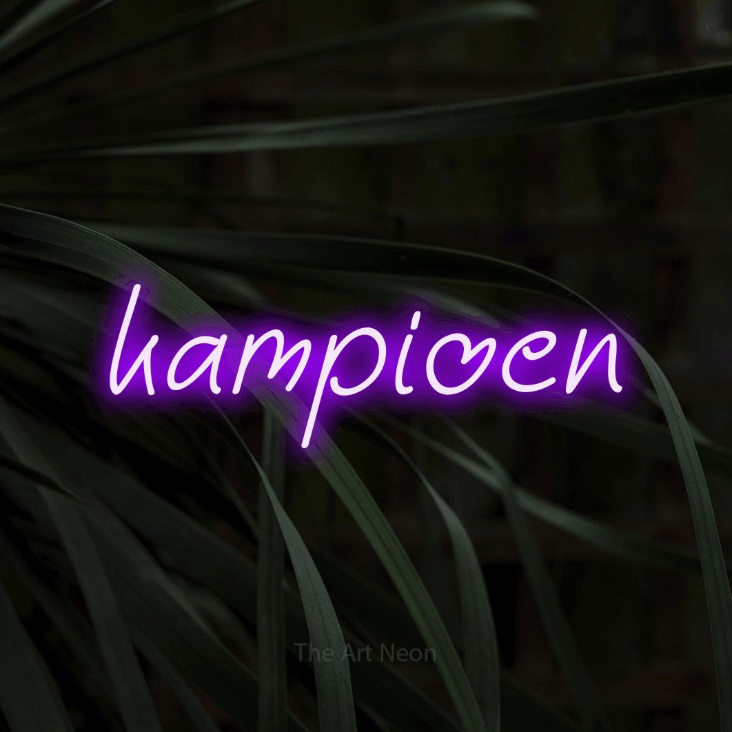 LED neon sign reading “kampioen”, arranged in a single line.