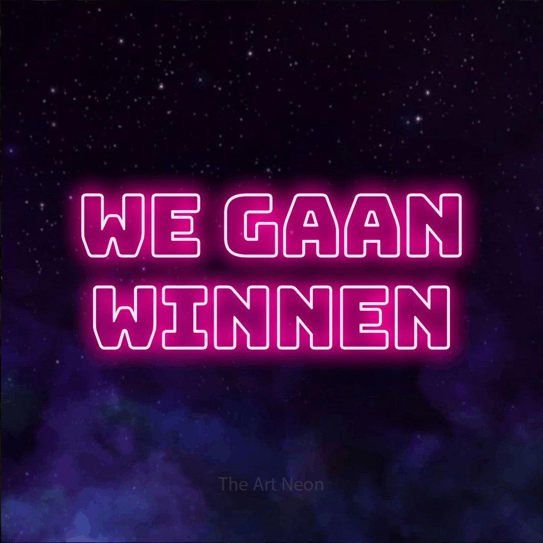 LED neon sign reading “WE GAAN WINNEN”, arranged in 2 lines.
