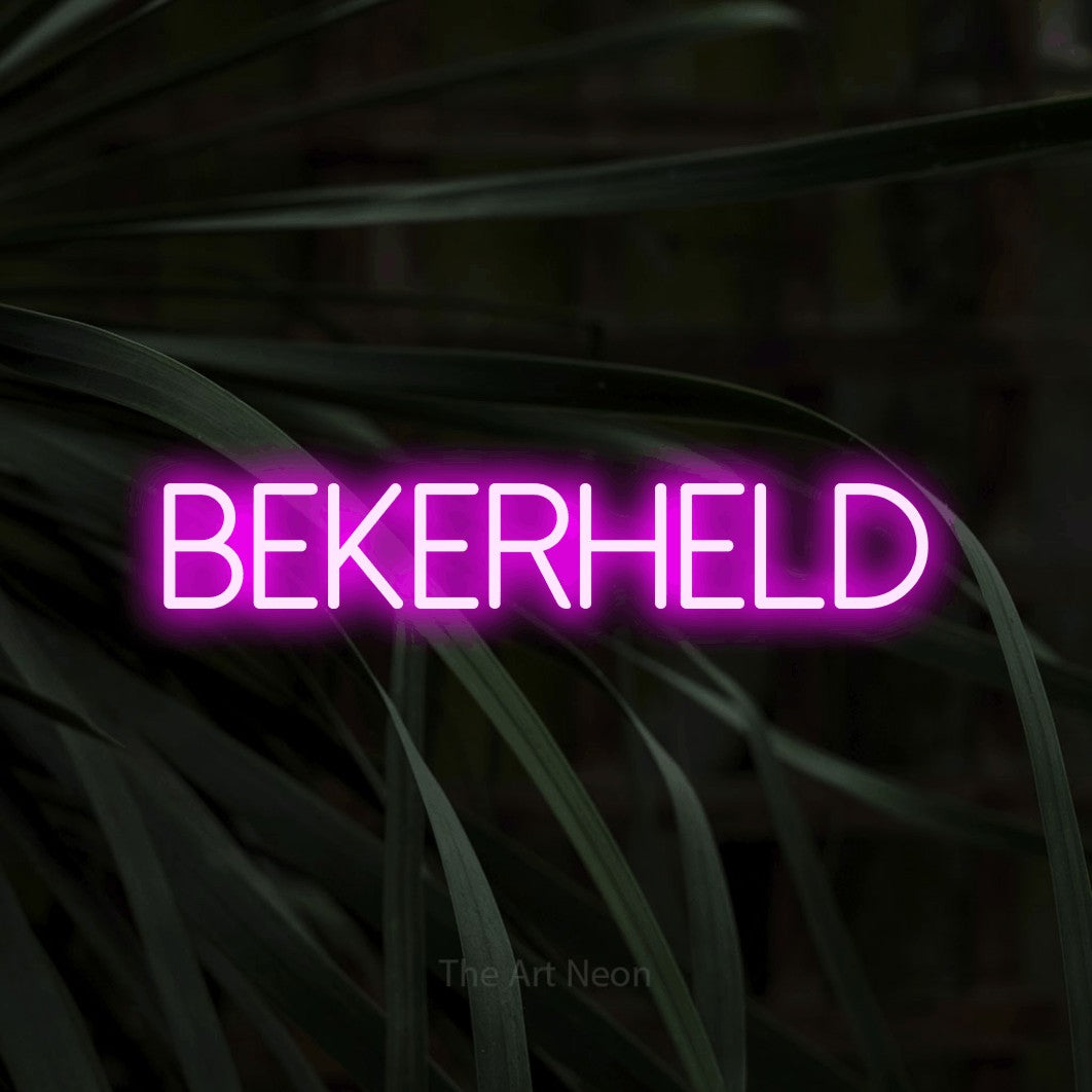 LED neon sign reading “BEKERHELD”, arranged in a single line.