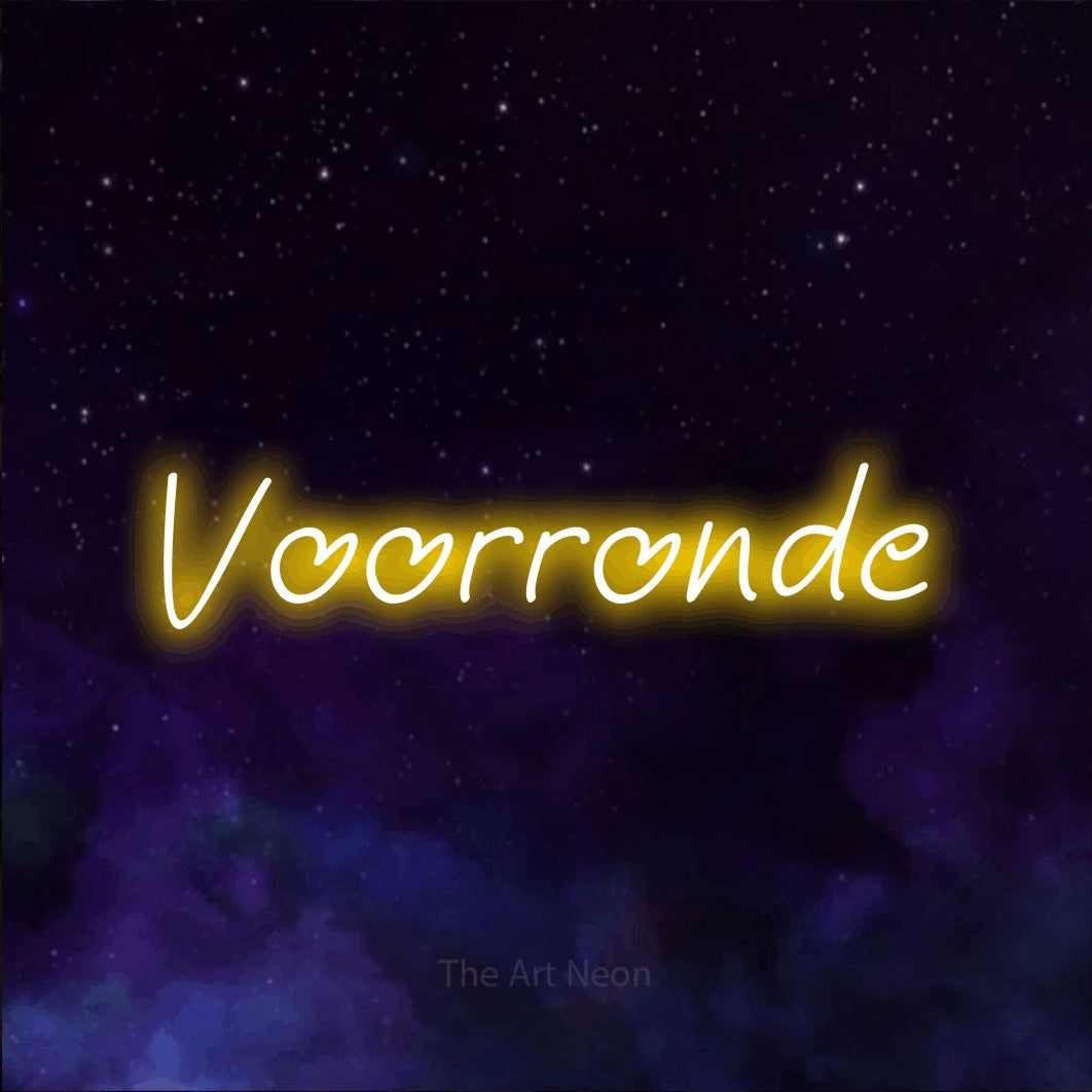 LED neon sign reading “Voorronde”, arranged in a single line.