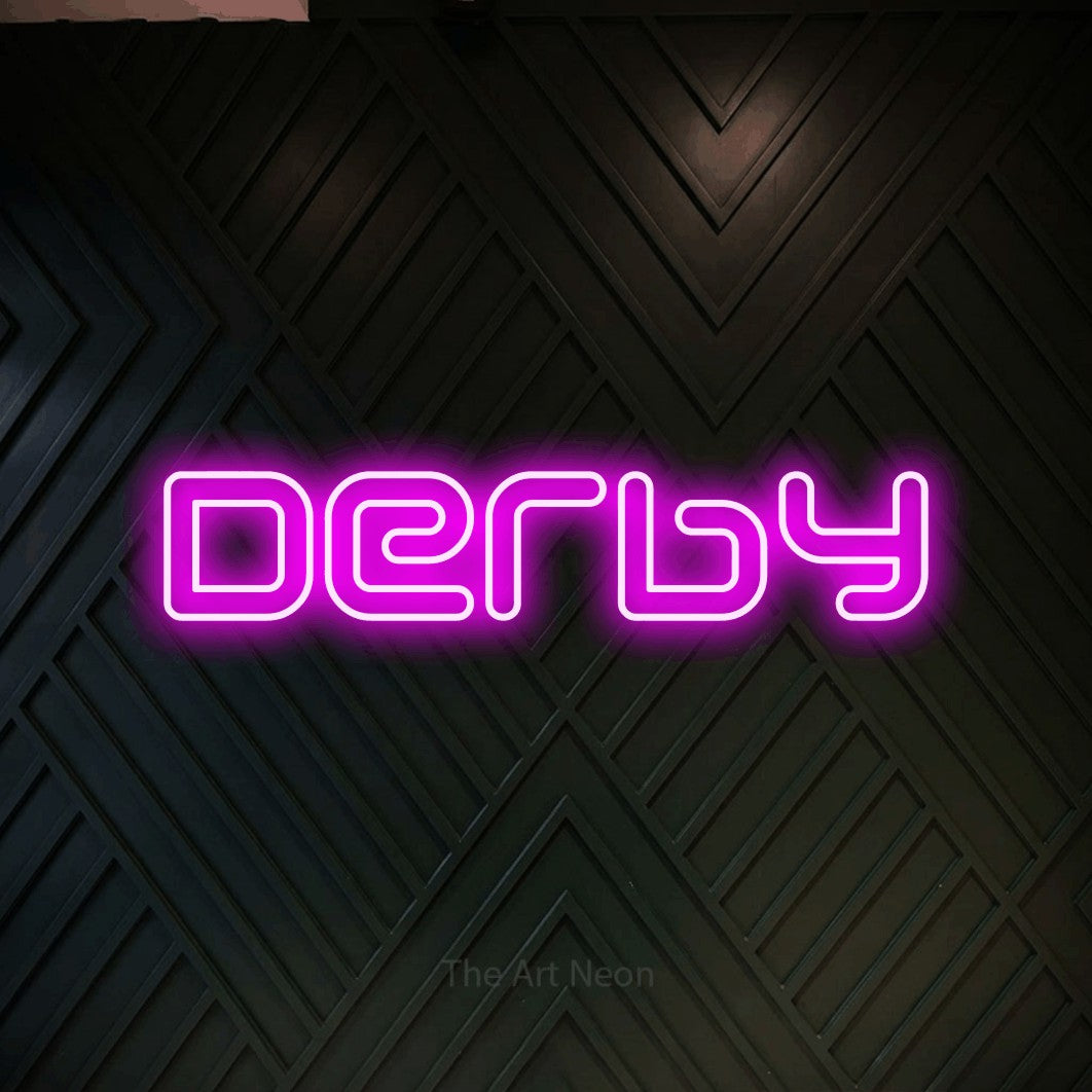 LED neon sign reading “Derby”, arranged in a single line.