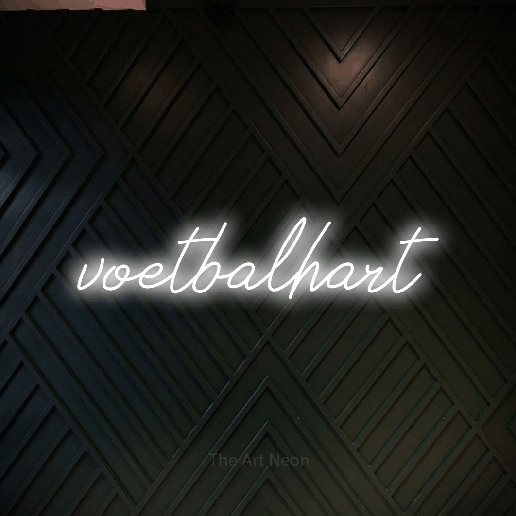 LED neon sign reading “voetbalhart”, arranged in a single line.