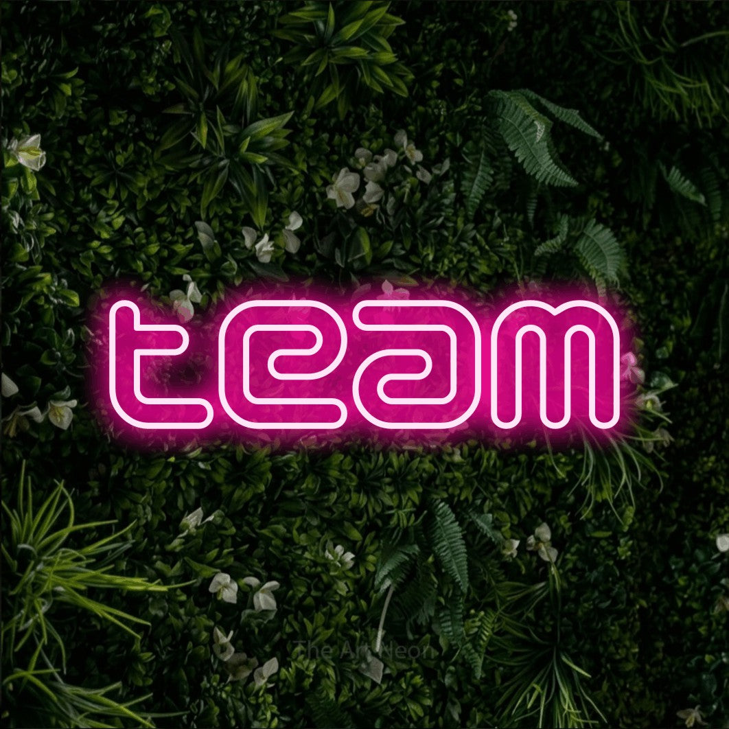 LED neon sign reading “team”, arranged in a single line.