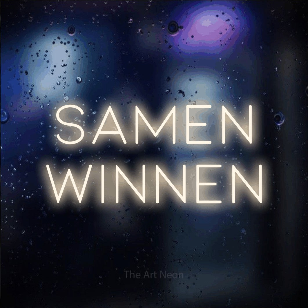 LED neon sign reading “SAMEN winnen”, arranged in 2 lines.