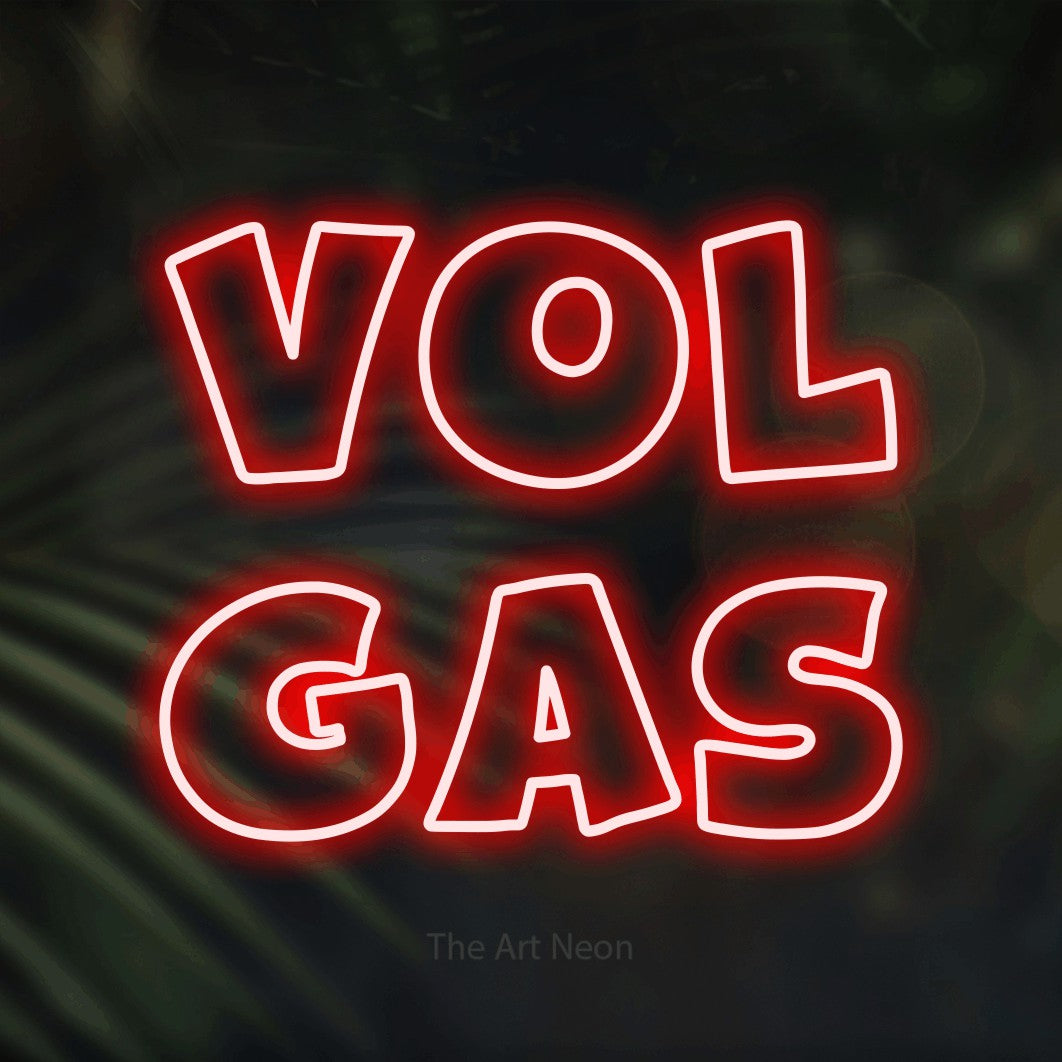 LED neon sign reading “VOL gas”, arranged in 2 lines.