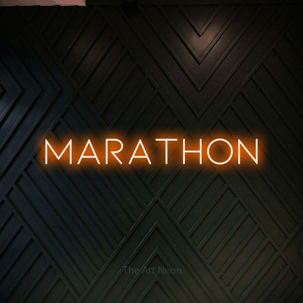 LED neon sign reading “MARATHON”, arranged in a single line.