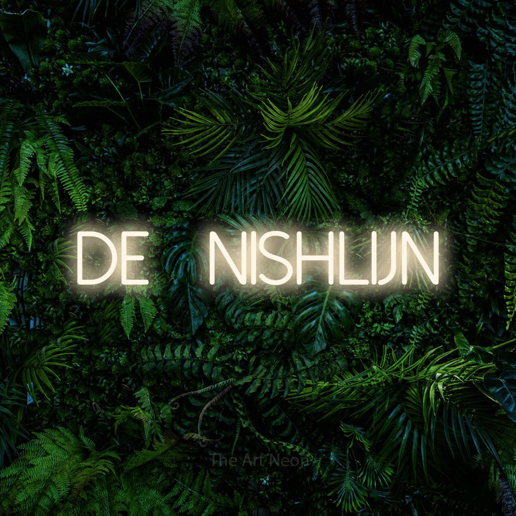 LED neon sign reading “de finishlijn”, arranged in a single line.