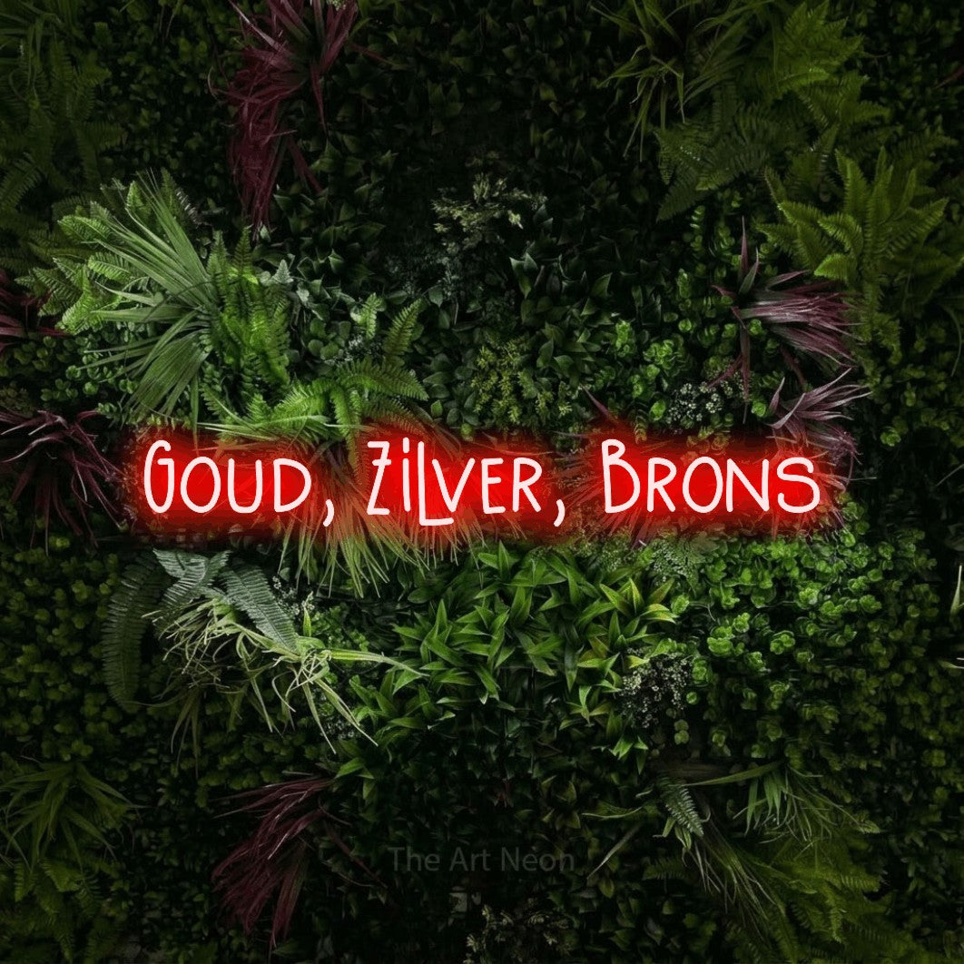 LED neon sign reading “Goud, Zilver, Brons”, arranged in a single line.