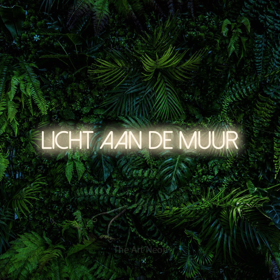 LED neon sign reading “Licht Aan De Muur”, arranged in a single line.