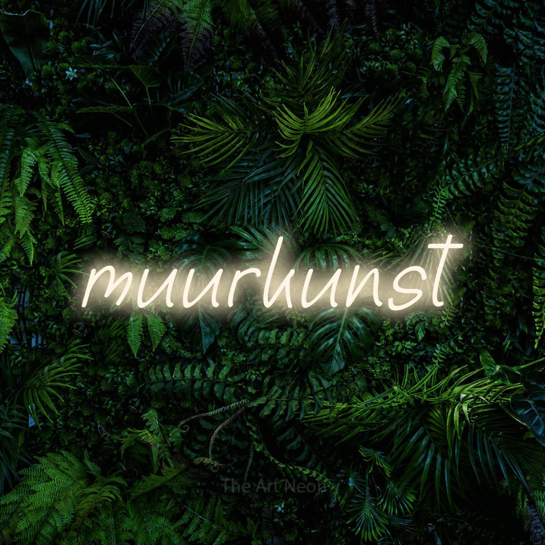 LED neon sign reading “muurkunst”, arranged in a single line.