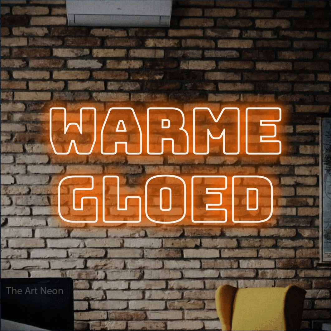 LED neon sign reading “WARME GLOED”, arranged in 2 lines.
