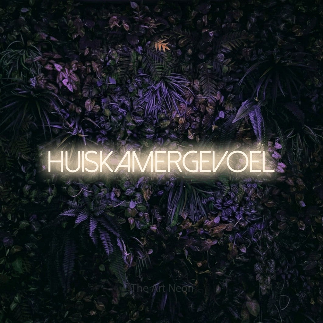 LED neon sign reading “HUISKAMERGEVOEL”, arranged in a single line.