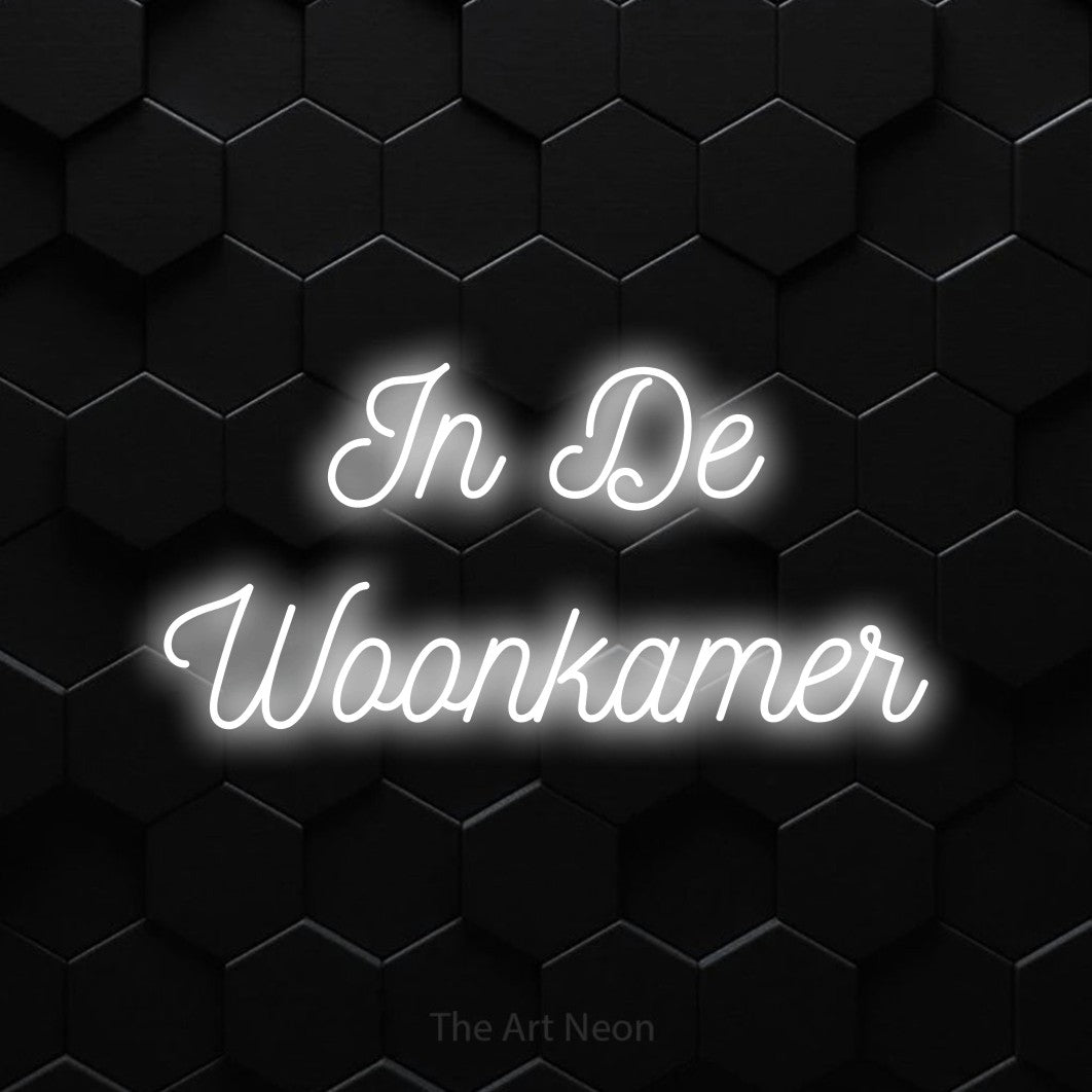 LED neon sign reading “In De Woonkamer”, arranged in 2 lines.