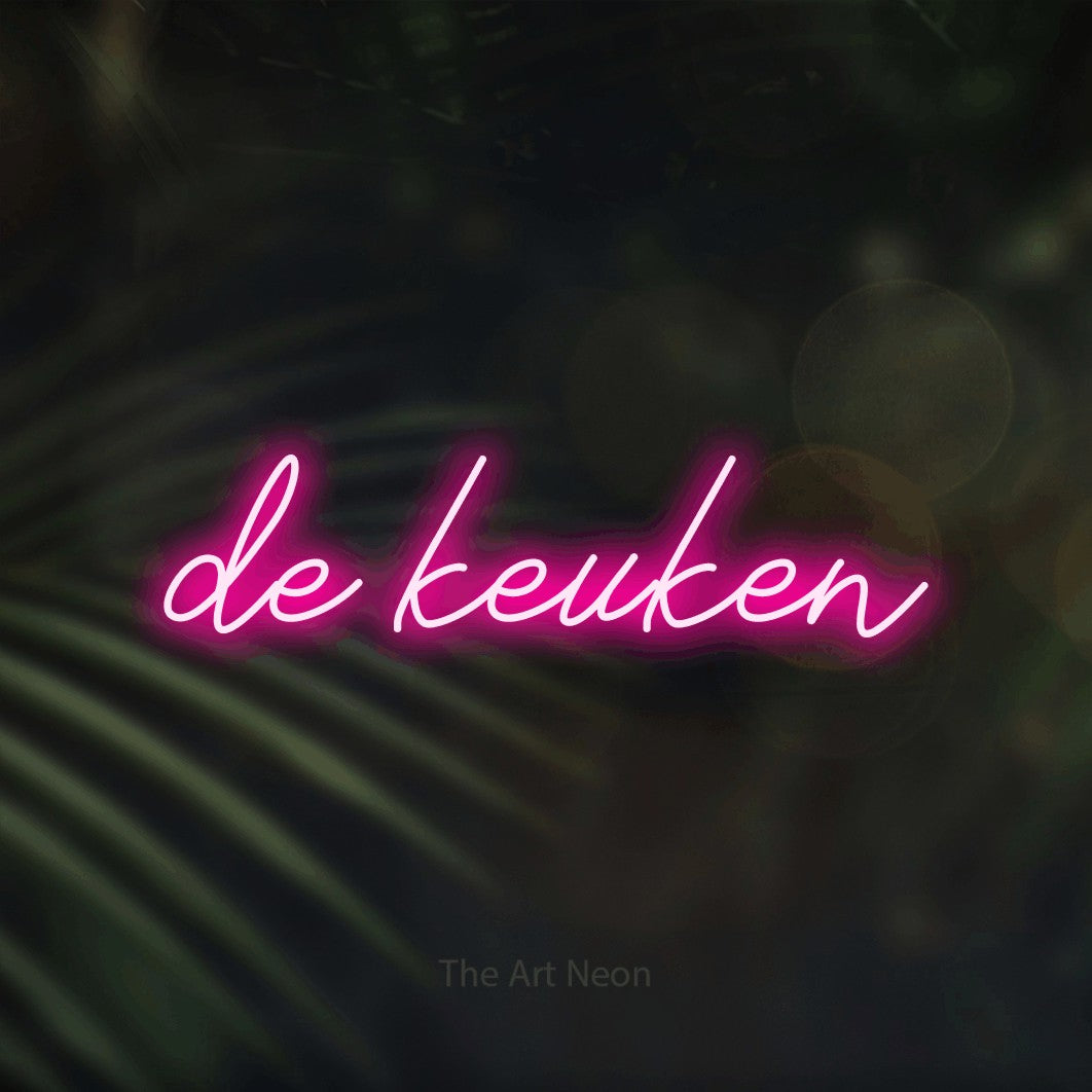 LED neon sign reading “de keuken”, arranged in a single line.