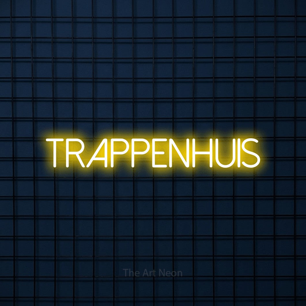 LED neon sign reading “trappenhuis”, arranged in a single line.