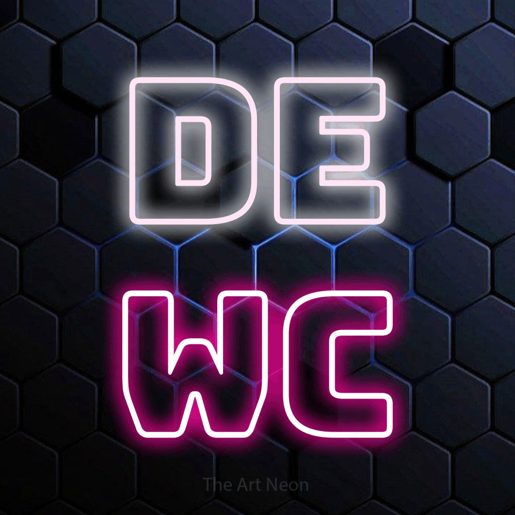 LED neon sign reading “De WC”, arranged in 2 lines.