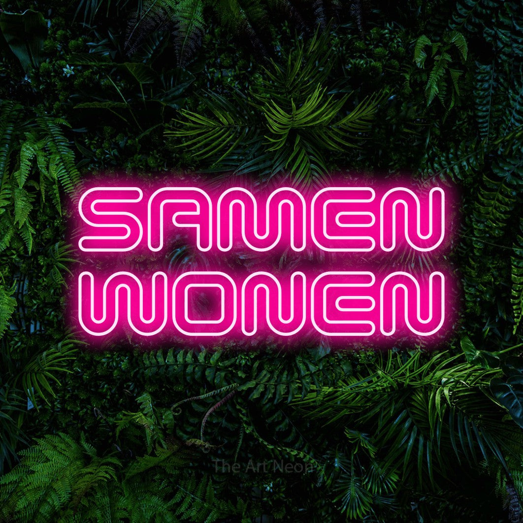 LED neon sign reading “SAMEN WONEN”, arranged in 2 lines.