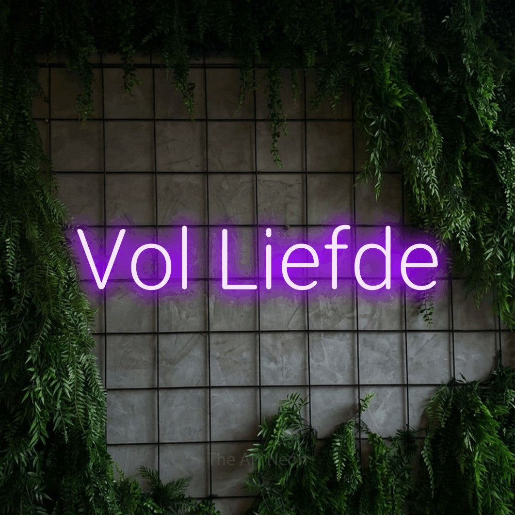 LED neon sign reading “Vol Liefde”, arranged in a single line.