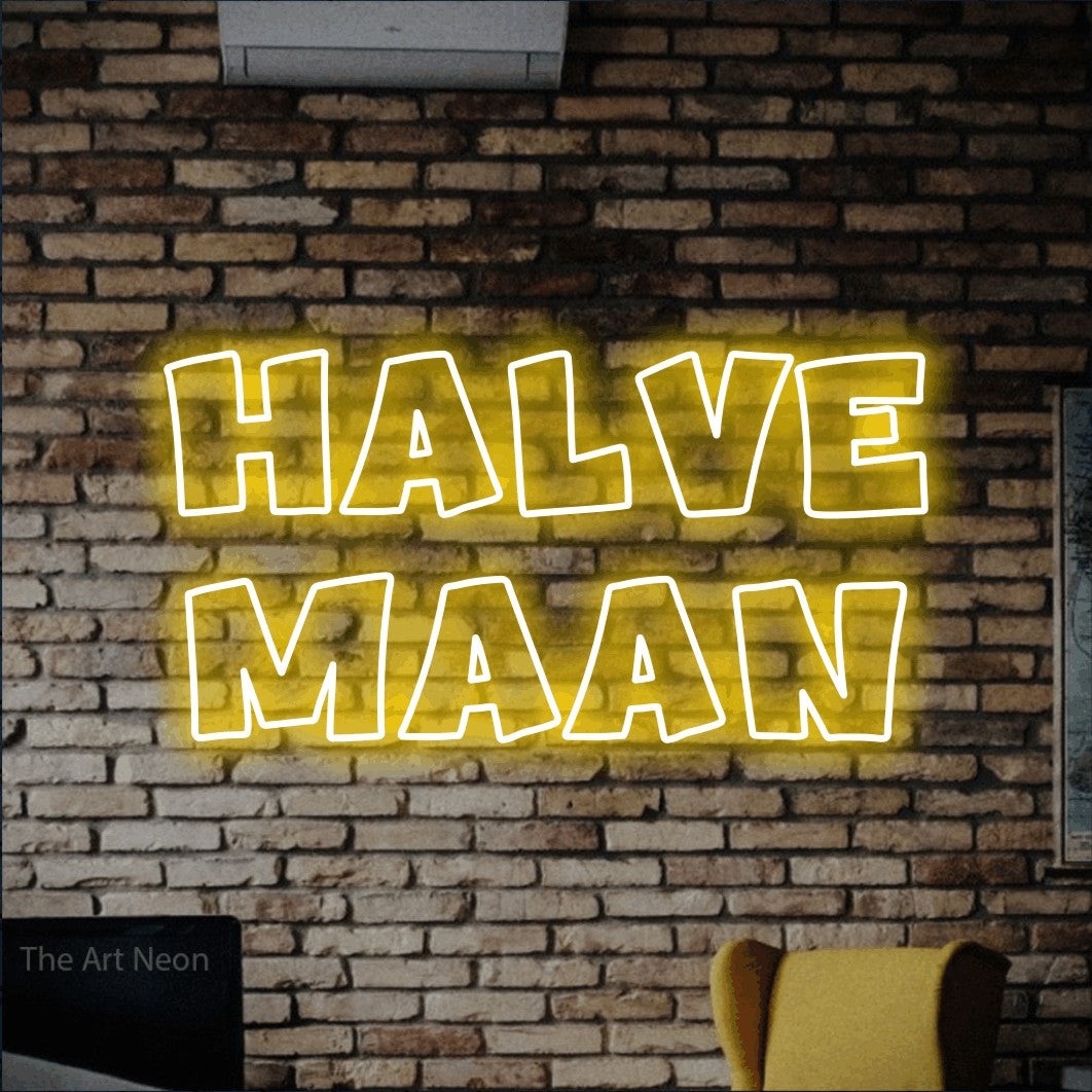 LED neon sign reading “HALVE MAAN”, arranged in 2 lines.