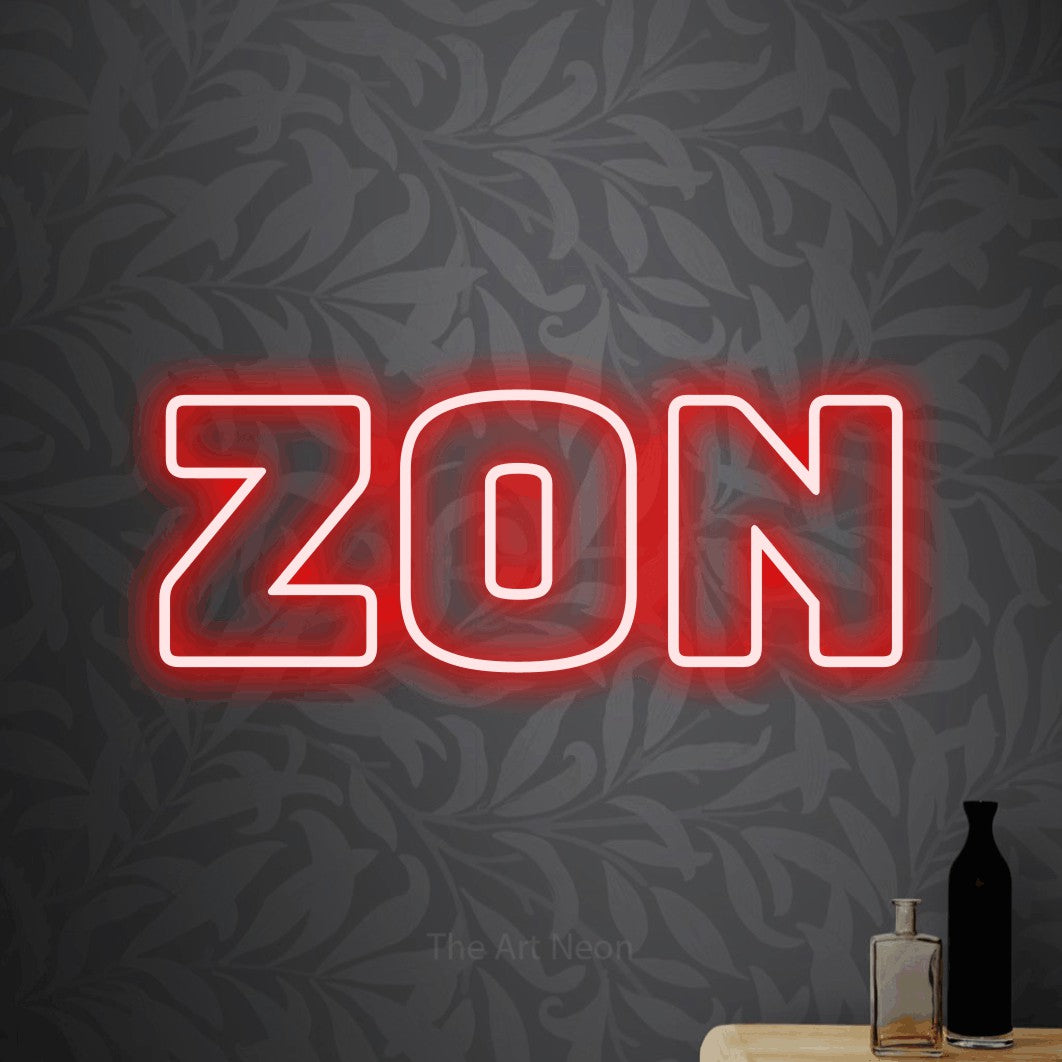 LED neon sign reading “zon”, arranged in a single line.