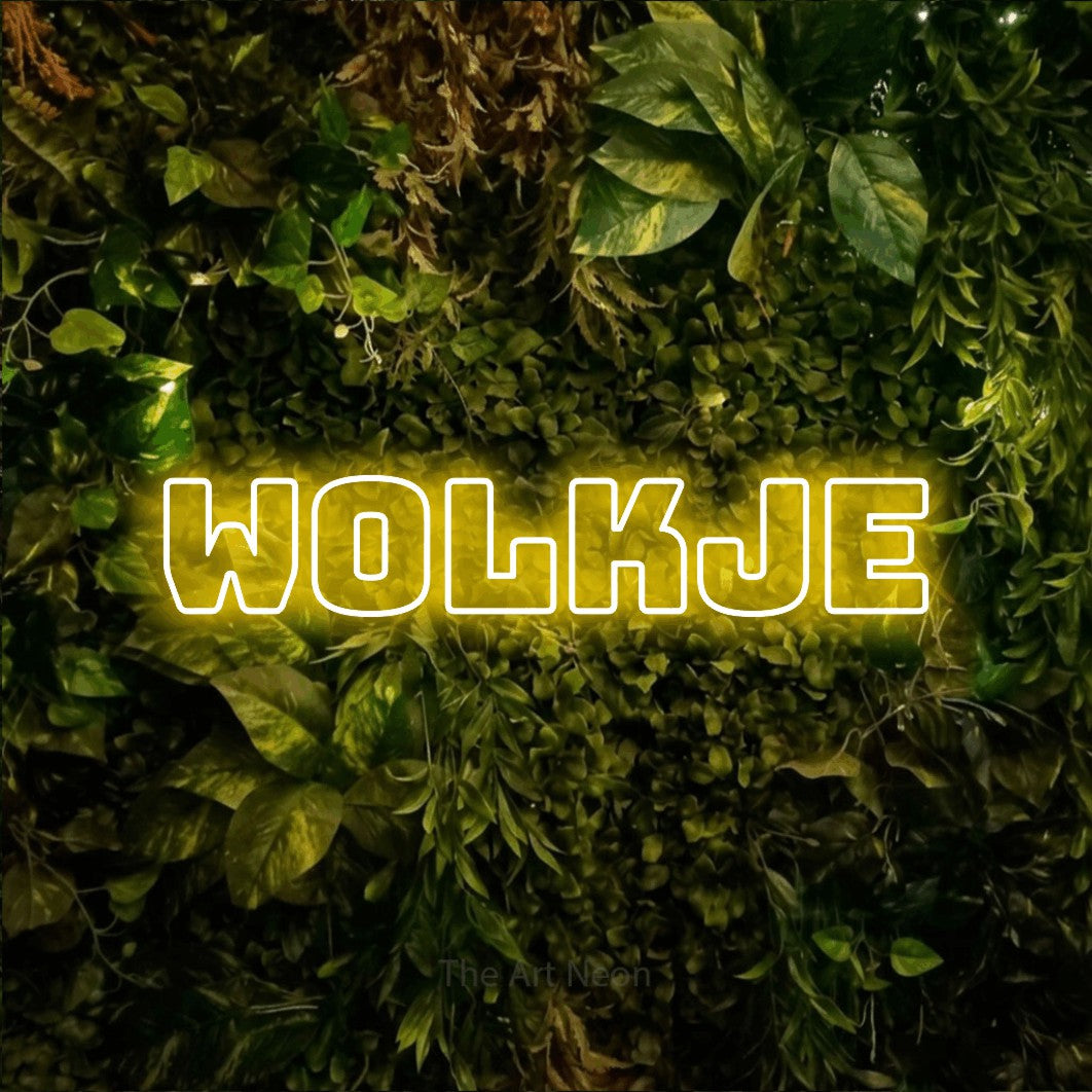 LED neon sign reading “wolkje”, arranged in a single line.