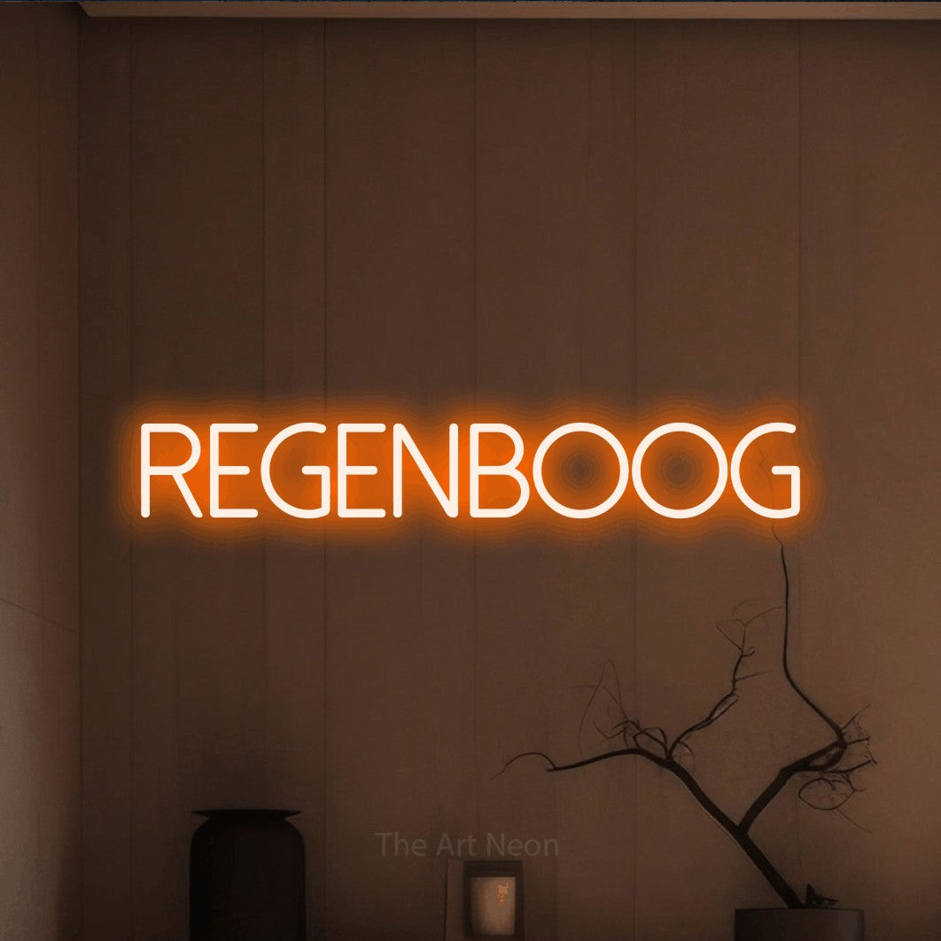 LED neon sign reading “REGENBOOG”, arranged in a single line.