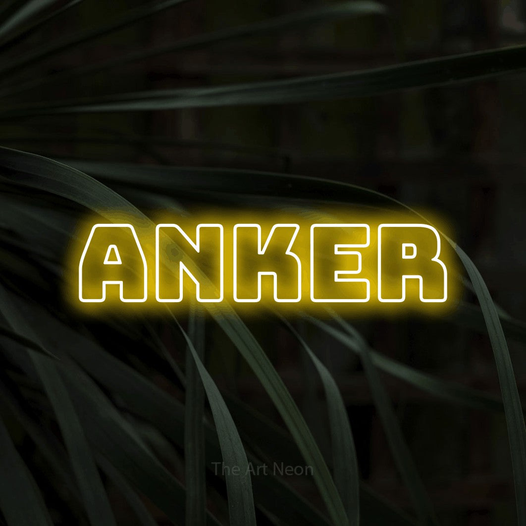 LED neon sign reading “anker”, arranged in a single line.