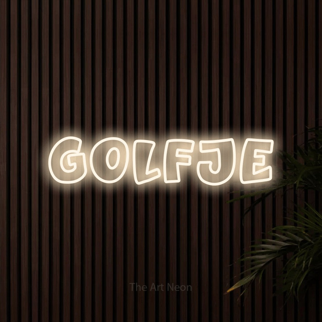 LED neon sign reading “GOLFJE”, arranged in a single line.
