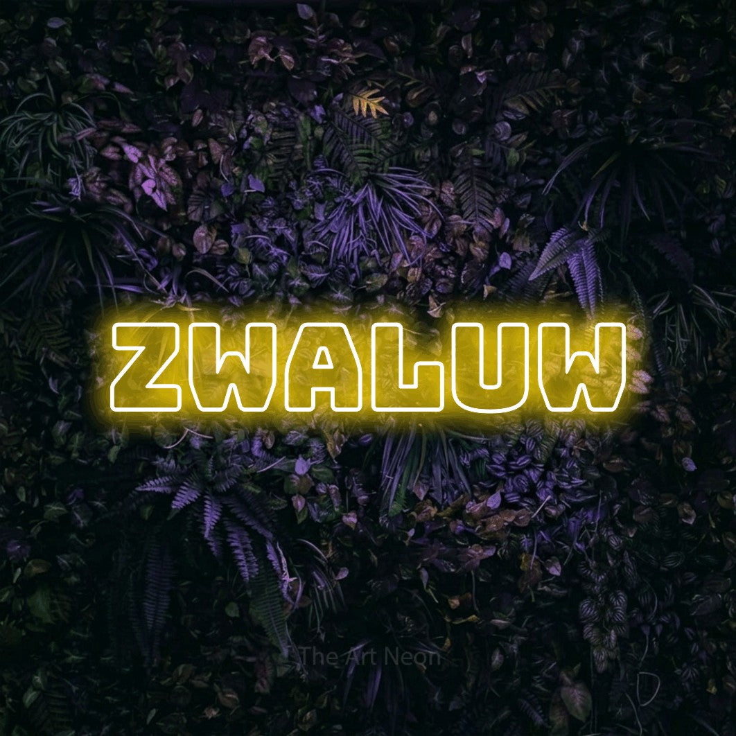 LED neon sign reading “zwaluw”, arranged in a single line.