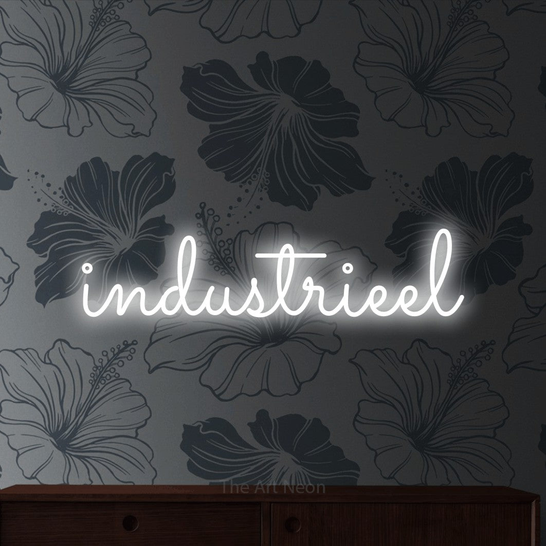 LED neon sign reading “industrieel”, arranged in a single line.
