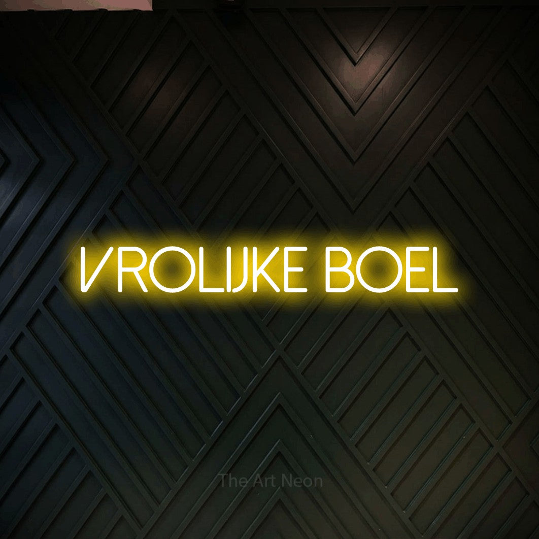 LED neon sign reading “Vrolijke Boel”, arranged in a single line.
