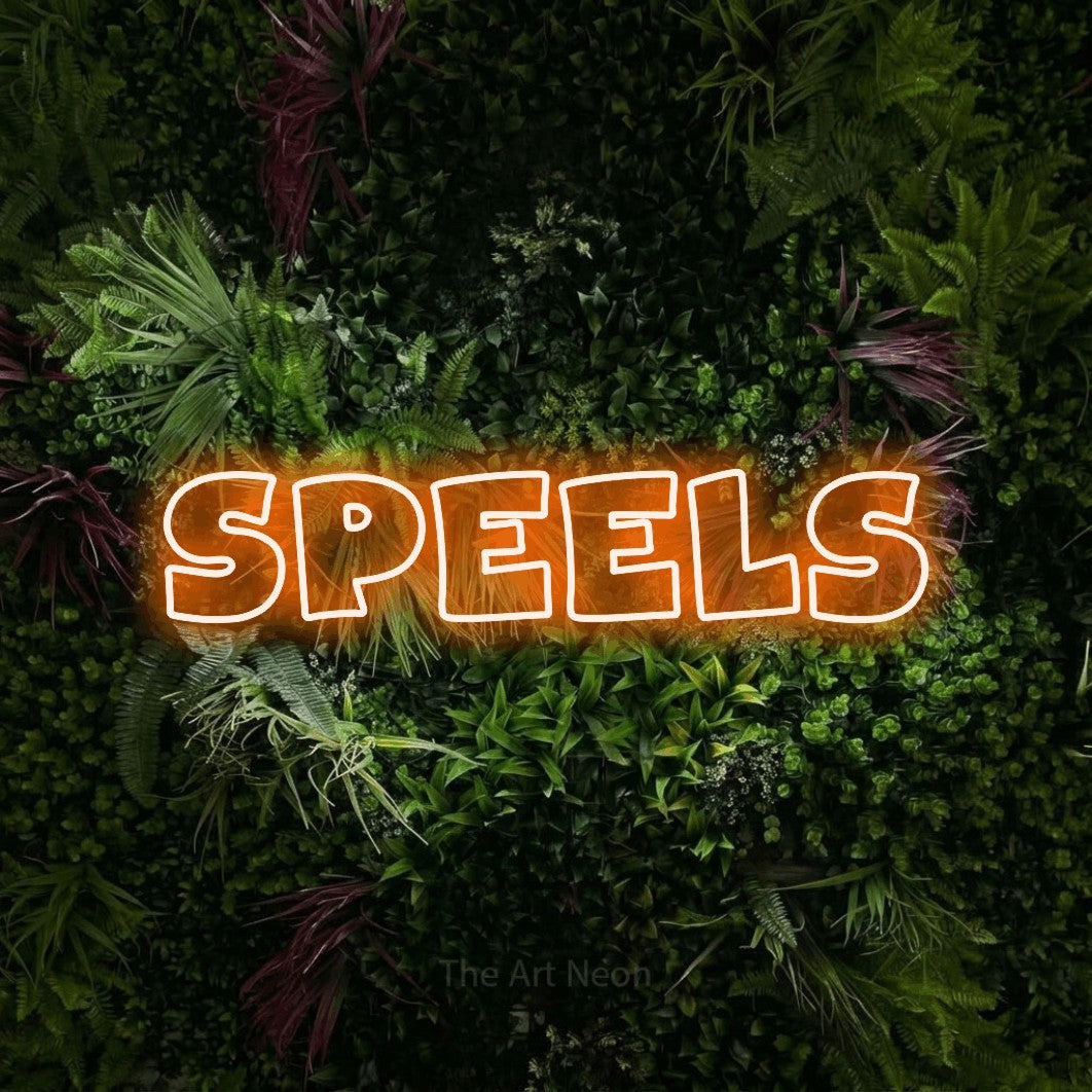 LED neon sign reading “speels”, arranged in a single line.