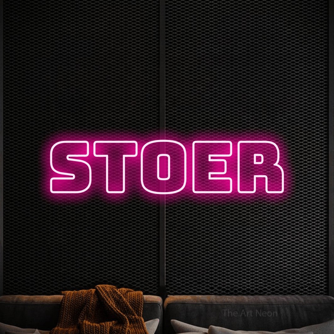 LED neon sign reading “stoer”, arranged in a single line.