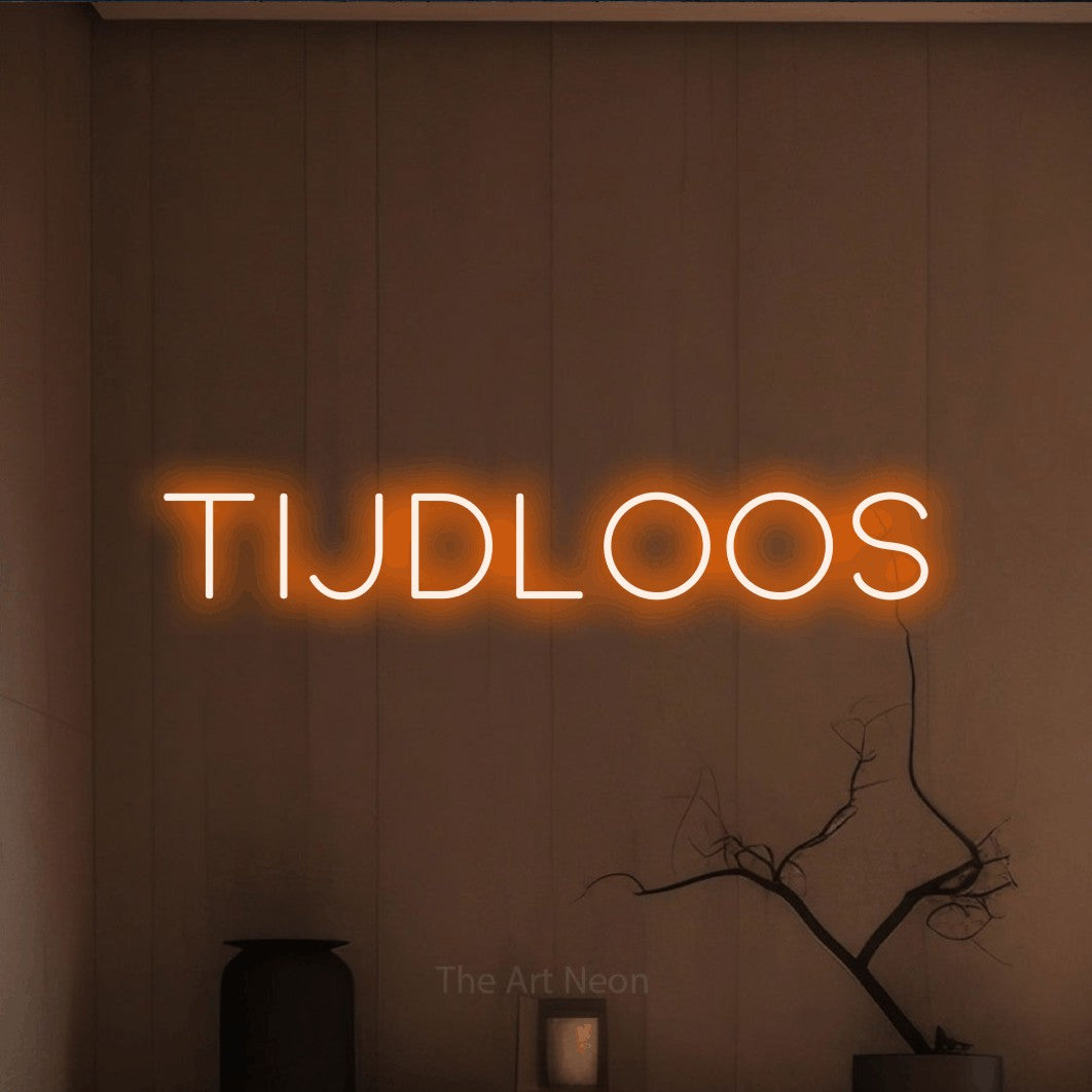 LED neon sign reading “TIJDLOOS”, arranged in a single line.